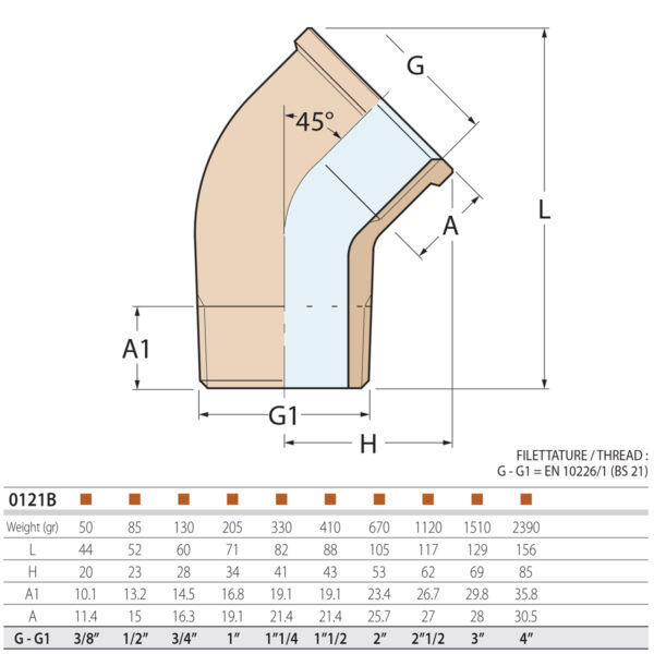 Guidi Male-Female 45 Degree Bronze Elbow Fitting 0121B-01 Sizing Chart Diagram Guidi Male-Female 45 Degree Bronze Elbow Fitting 0121B-01 Sizing Chart Diagram